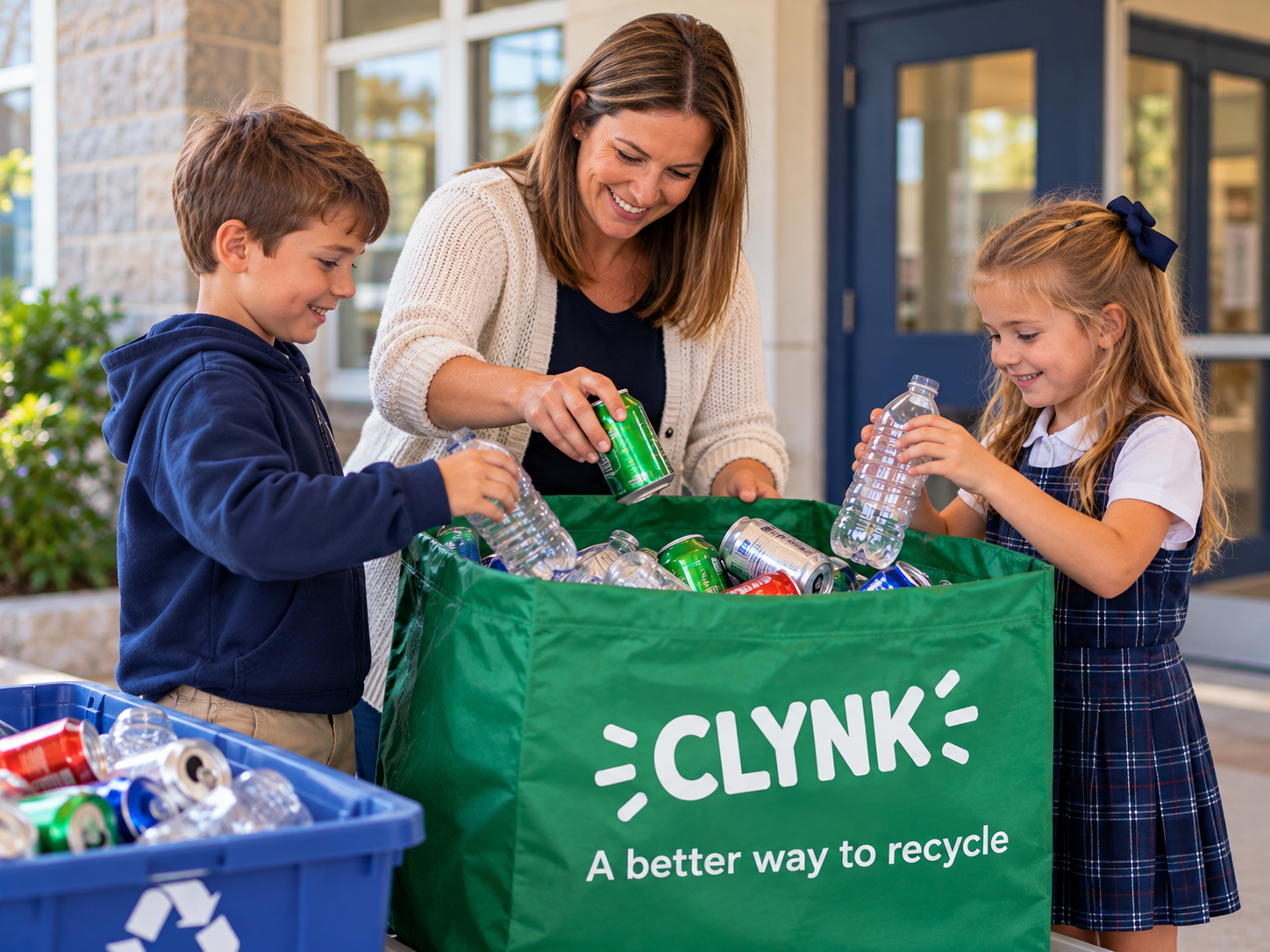 A volunteer and children recycling bottles and cans with Clynk